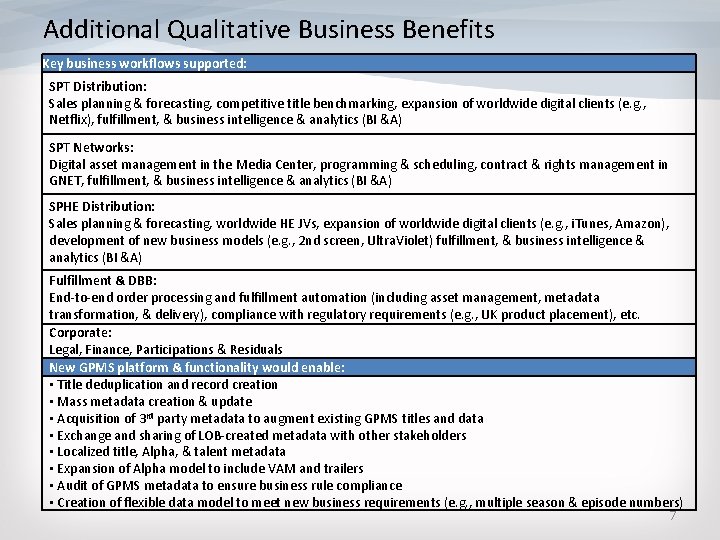 Additional Qualitative Business Benefits Key business workflows supported: SPT Distribution: Sales planning & forecasting,