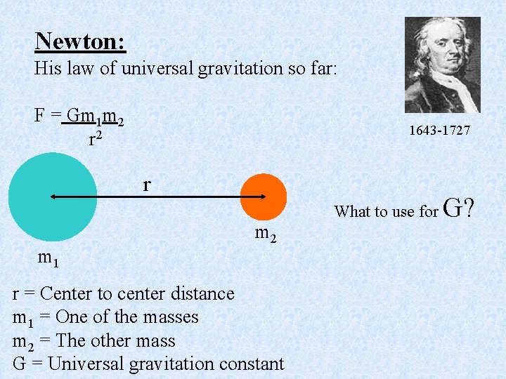 Newton: His law of universal gravitation so far: F = Gm 1 m 2