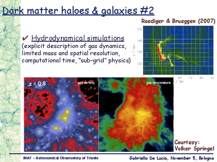 Dark matter haloes & galaxies #2 Roediger & Brueggen (2007) ✔ Hydrodynamical simulations (explicit