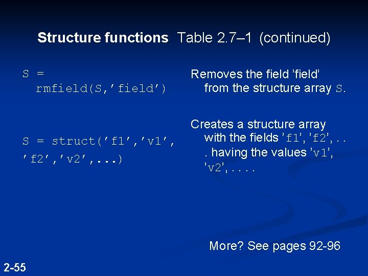 Structure functions Table 2. 7– 1 (continued) S = rmfield(S, ’field’) Removes the field Structure functions Table 2. 7– 1 (continued) S = rmfield(S, ’field’) Removes the field