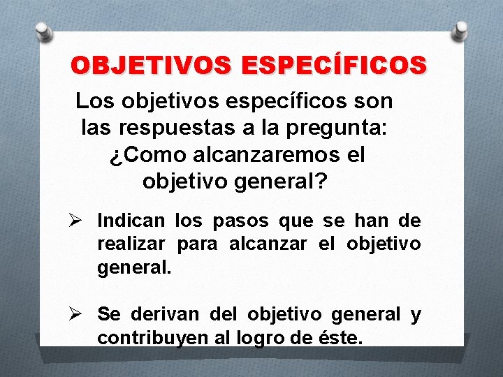 OBJETIVOS ESPECÍFICOS Los objetivos específicos son las respuestas a la pregunta: ¿Como alcanzaremos el