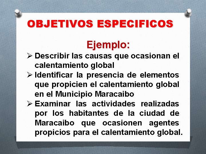 OBJETIVOS ESPECIFICOS Ejemplo: Ø Describir las causas que ocasionan el calentamiento global Ø Identificar