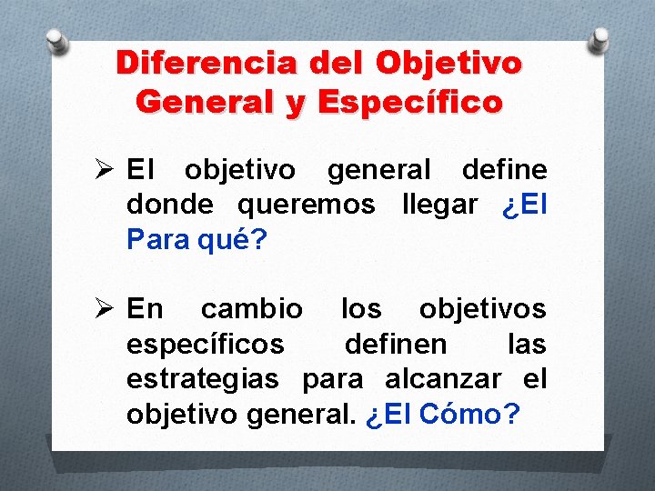 Diferencia del Objetivo General y Específico Ø El objetivo general define donde queremos llegar