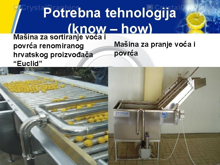 Potrebna tehnologija (know – how) Mašina za sortiranje voća i povrća renomiranog hrvatskog proizvođača