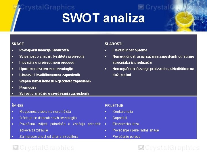 SWOT analiza SNAGE SLABOSTI Povoljnost lokacije preduzeća Fleksibilnost opreme Svjesnost o značaju kvaliteta proizvoda SWOT analiza SNAGE SLABOSTI Povoljnost lokacije preduzeća Fleksibilnost opreme Svjesnost o značaju kvaliteta proizvoda