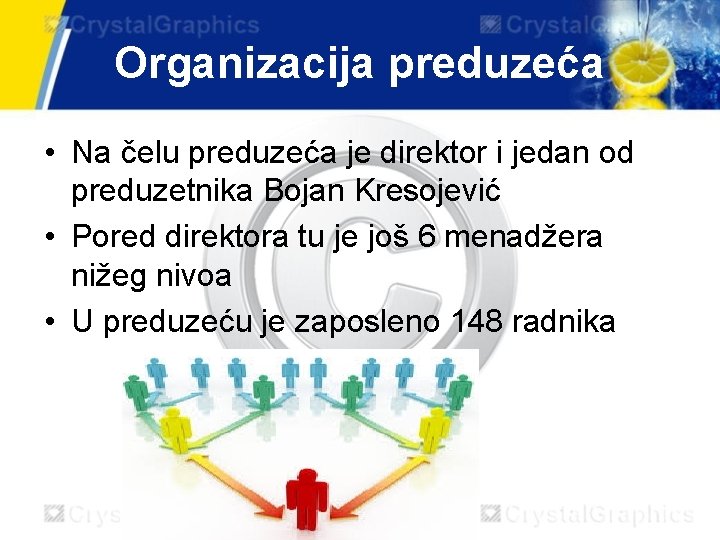 Organizacija preduzeća • Na čelu preduzeća je direktor i jedan od preduzetnika Bojan Kresojević Organizacija preduzeća • Na čelu preduzeća je direktor i jedan od preduzetnika Bojan Kresojević