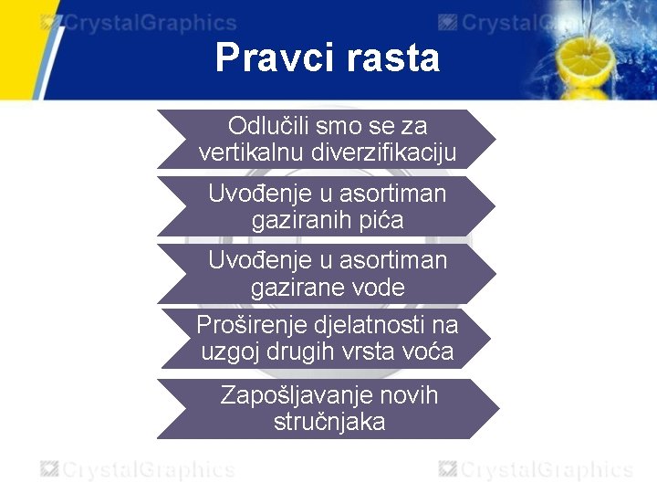 Pravci rasta Odlučili smo se za vertikalnu diverzifikaciju Uvođenje u asortiman gaziranih pića Uvođenje Pravci rasta Odlučili smo se za vertikalnu diverzifikaciju Uvođenje u asortiman gaziranih pića Uvođenje