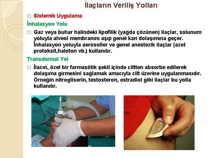 İlaçların Veriliş Yolları Sistemik Uygulama İnhalasyon Yolu � � Gaz veya buhar halindeki lipofilik