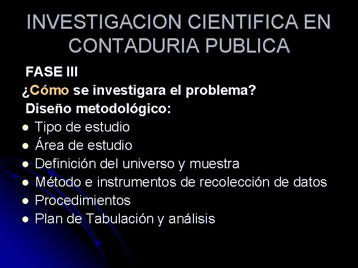 INVESTIGACION CIENTIFICA EN CONTADURIA PUBLICA FASE III ¿Cómo se investigara el problema? Diseño metodológico: