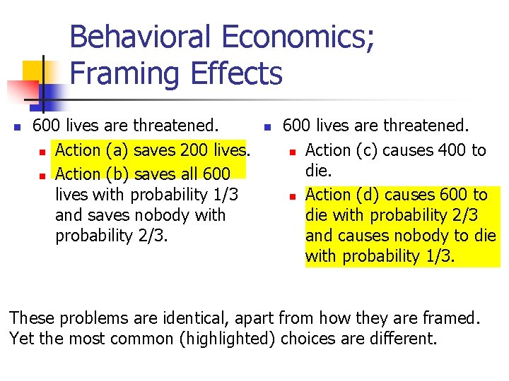 Behavioral Economics; Framing Effects n 600 lives are threatened. n Action (a) saves 200 Behavioral Economics; Framing Effects n 600 lives are threatened. n Action (a) saves 200