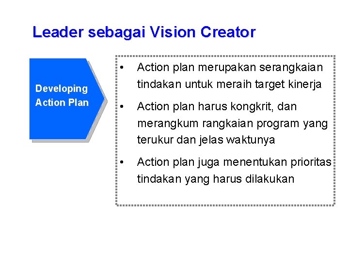 Leader sebagai Vision Creator Developing Action Plan • Action plan merupakan serangkaian tindakan untuk