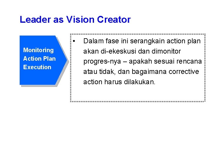 Leader as Vision Creator • Monitoring Action Plan Execution Dalam fase ini serangkain action