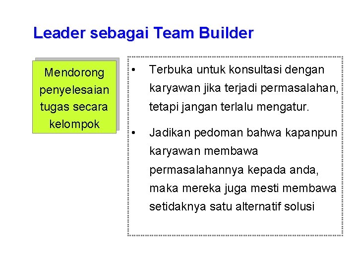 Leader sebagai Team Builder Mendorong penyelesaian tugas secara kelompok • Terbuka untuk konsultasi dengan