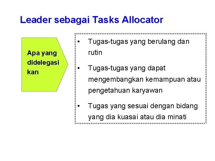 Leader sebagai Tasks Allocator • Apa yang didelegasi kan Tugas-tugas yang berulang dan rutin