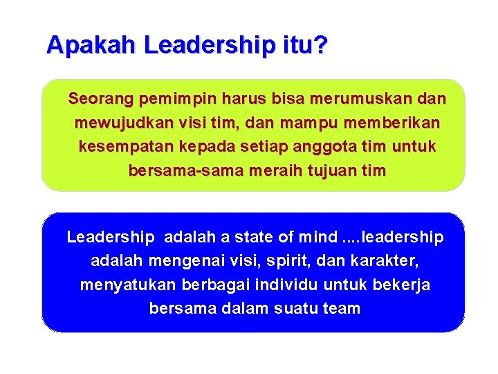 Apakah Leadership itu? Seorang pemimpin harus bisa merumuskan dan mewujudkan visi tim, dan mampu
