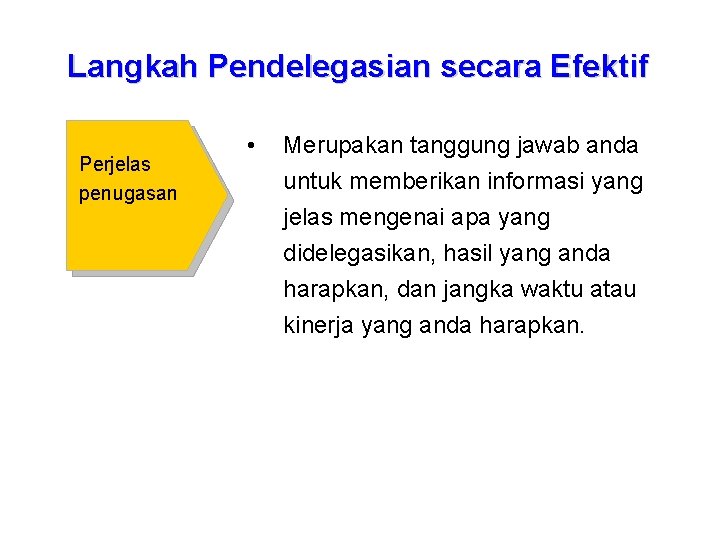 Langkah Pendelegasian secara Efektif Perjelas penugasan • Merupakan tanggung jawab anda untuk memberikan informasi