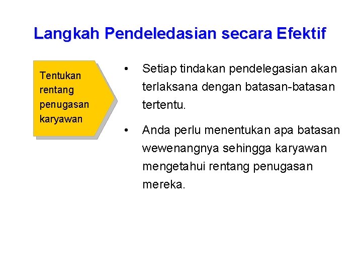 Langkah Pendeledasian secara Efektif Tentukan rentang penugasan karyawan • Setiap tindakan pendelegasian akan terlaksana