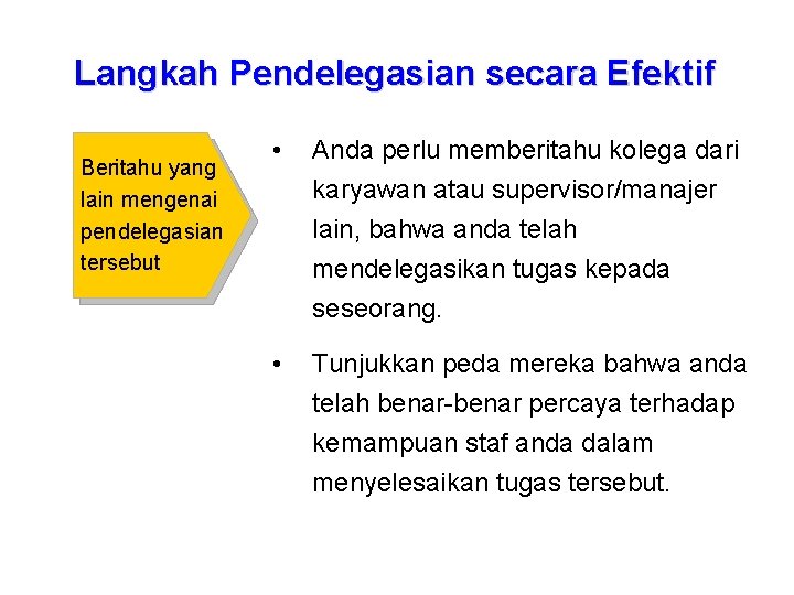 Langkah Pendelegasian secara Efektif Beritahu yang lain mengenai pendelegasian tersebut • Anda perlu memberitahu