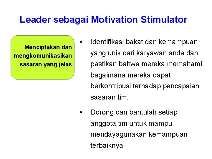 Leader sebagai Motivation Stimulator Menciptakan dan mengkomunikasikan sasaran yang jelas • Identifikasi bakat dan