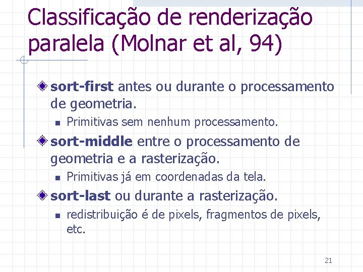 Classificação de renderização paralela (Molnar et al, 94) sort-first antes ou durante o processamento