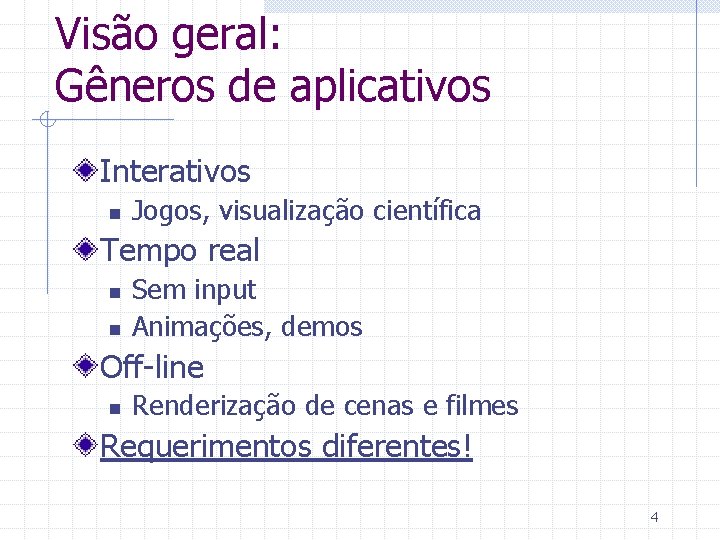 Visão geral: Gêneros de aplicativos Interativos n Jogos, visualização científica Tempo real n n