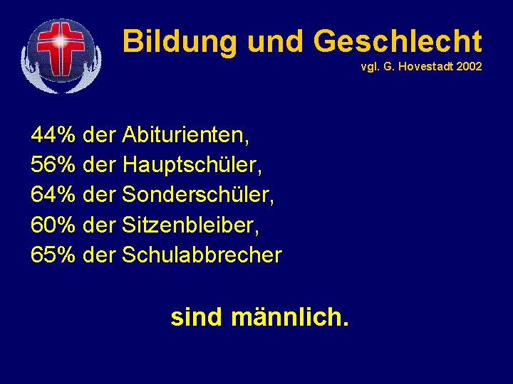 Bildung und Geschlecht vgl. G. Hovestadt 2002 44% der Abiturienten, 56% der Hauptschüler, 64%