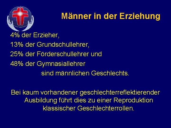 Männer in der Erziehung 4% der Erzieher, 13% der Grundschullehrer, 25% der Förderschullehrer und