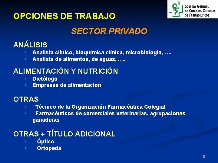 OPCIONES DE TRABAJO SECTOR PRIVADO ANÁLISIS § § Analista clínico, bioquímica clínica, microbiología, ….