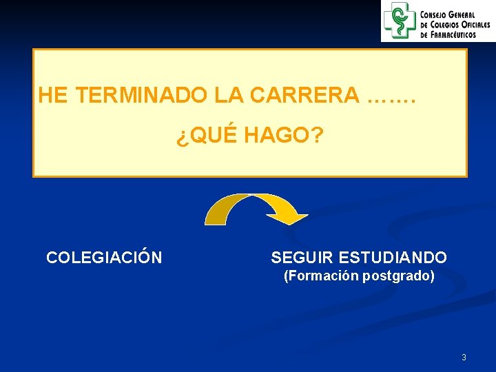 HE TERMINADO LA CARRERA ……. ¿QUÉ HAGO? COLEGIACIÓN SEGUIR ESTUDIANDO (Formación postgrado) 3 