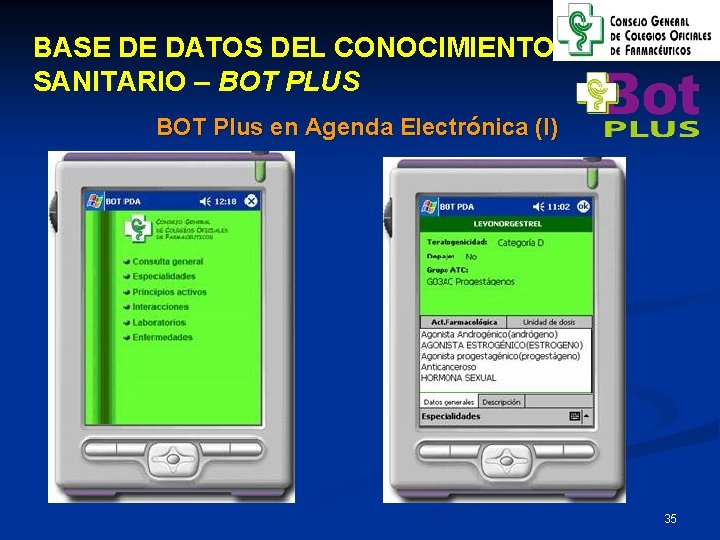 BASE DE DATOS DEL CONOCIMIENTO SANITARIO – BOT PLUS BOT Plus en Agenda Electrónica