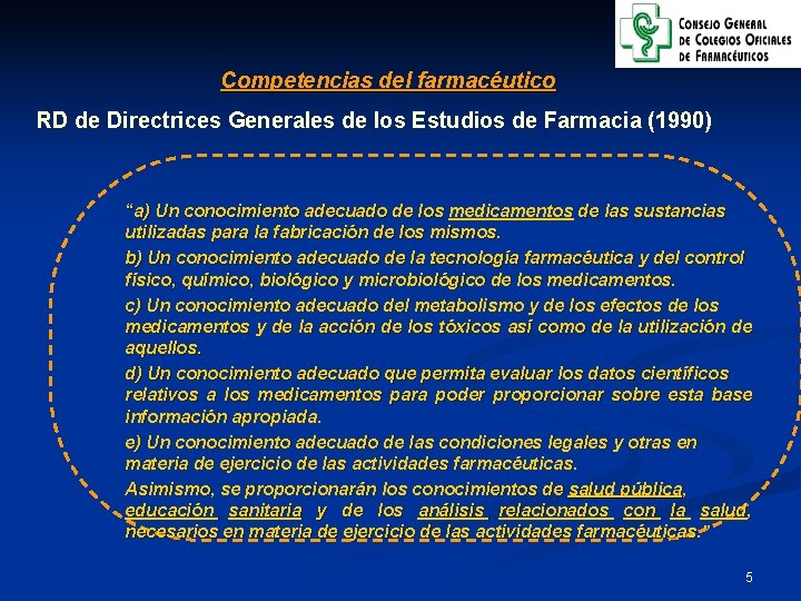 Competencias del farmacéutico RD de Directrices Generales de los Estudios de Farmacia (1990) “a)