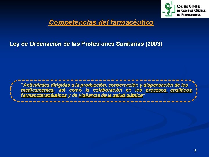 Competencias del farmacéutico Ley de Ordenación de las Profesiones Sanitarias (2003) “Actividades dirigidas a