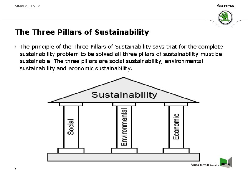 The Three Pillars of Sustainability The principle of the Three Pillars of Sustainability says