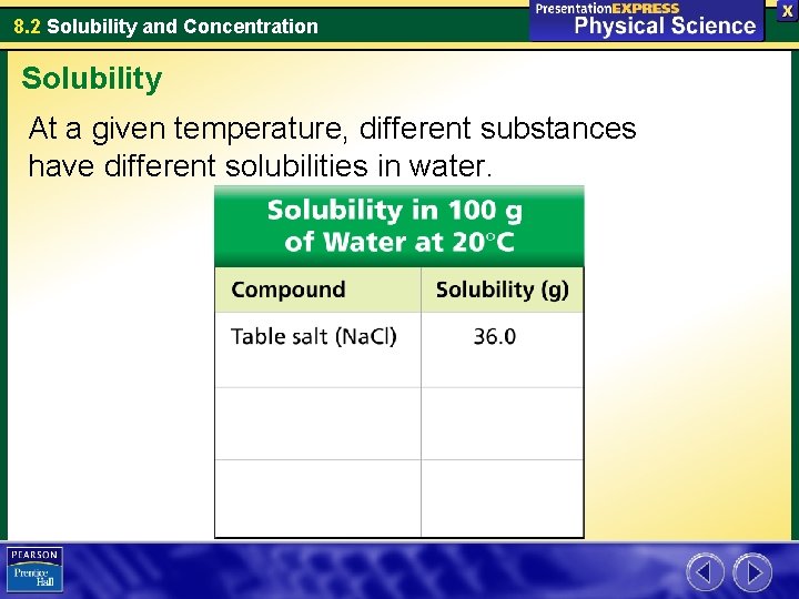 8. 2 Solubility and Concentration Solubility At a given temperature, different substances have different