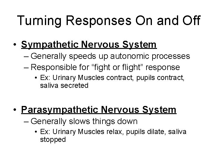 Turning Responses On and Off • Sympathetic Nervous System – Generally speeds up autonomic