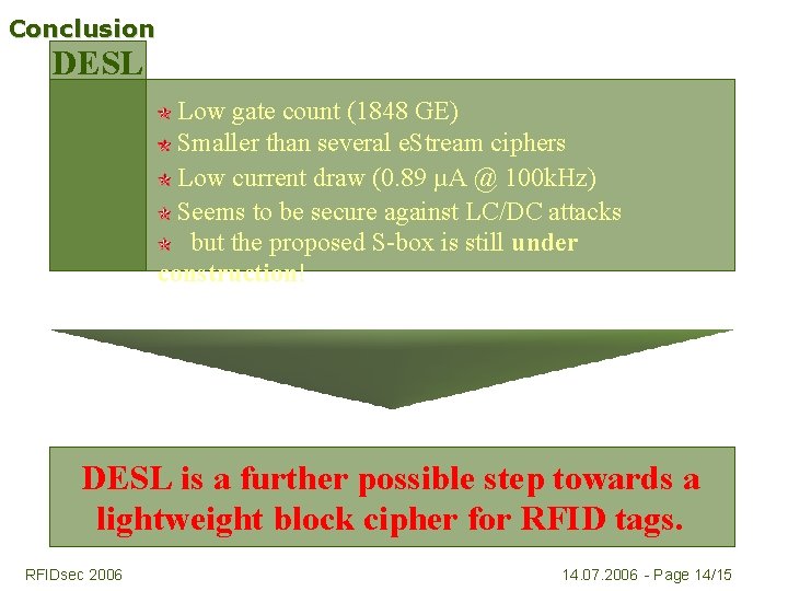 Conclusion DESL Low gate count (1848 GE) Smaller than several e. Stream ciphers Low