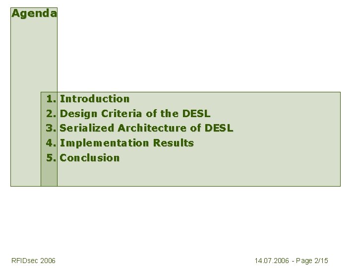 Agenda 1. Introduction 2. Design Criteria of the DESL 3. Serialized Architecture of DESL