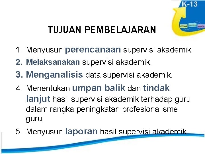 TUJUAN PEMBELAJARAN 1. Menyusun perencanaan supervisi akademik. 2. Melaksanakan supervisi akademik. 3. Menganalisis data