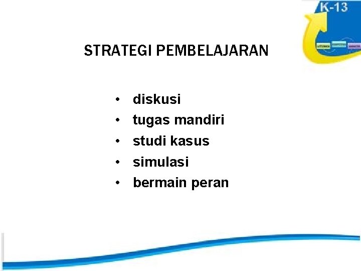 STRATEGI PEMBELAJARAN • • • diskusi tugas mandiri studi kasus simulasi bermain peran 