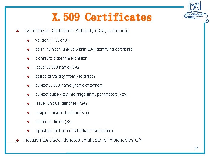 X. 509 Certificates issued by a Certification Authority (CA), containing: version (1, 2, or