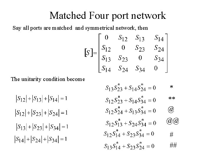 Matched Four port network Say all ports are matched and symmetrical network, then The