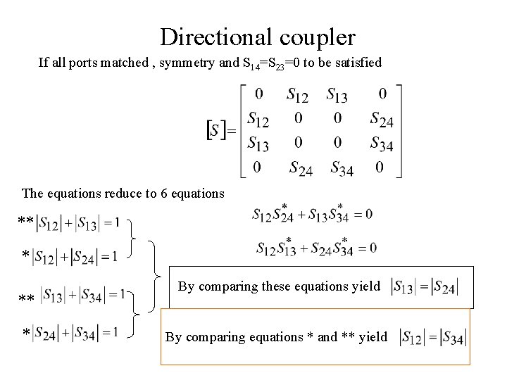 Directional coupler If all ports matched , symmetry and S 14=S 23=0 to be Directional coupler If all ports matched , symmetry and S 14=S 23=0 to be