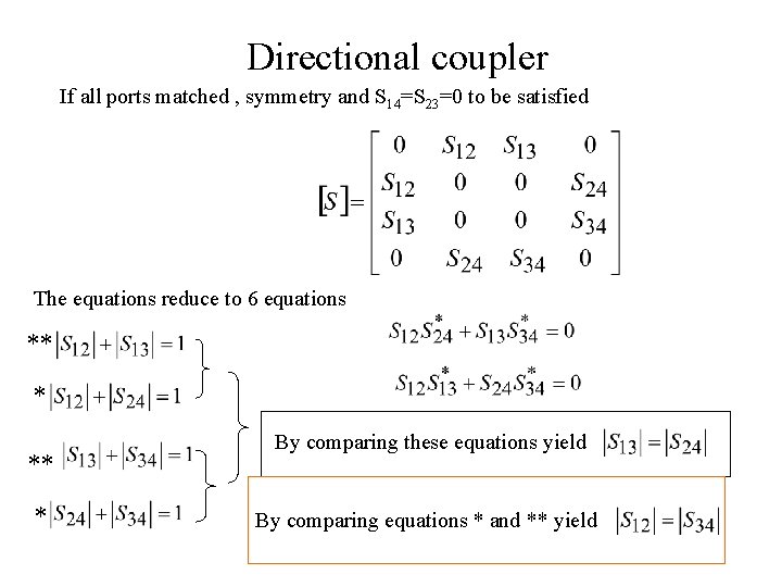 Directional coupler If all ports matched , symmetry and S 14=S 23=0 to be