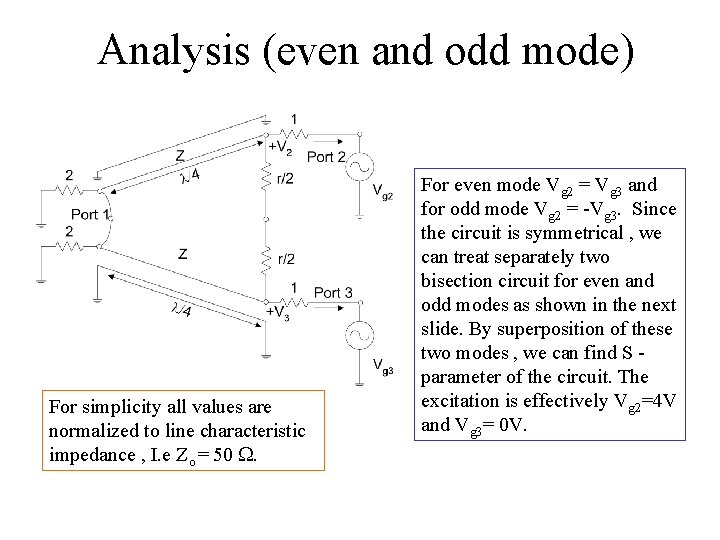 Analysis (even and odd mode) For simplicity all values are normalized to line characteristic Analysis (even and odd mode) For simplicity all values are normalized to line characteristic