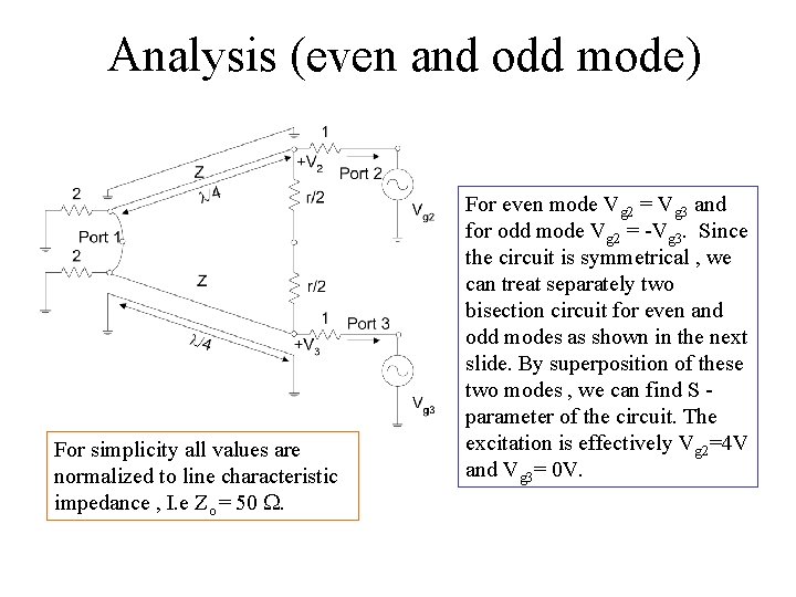 Analysis (even and odd mode) For simplicity all values are normalized to line characteristic