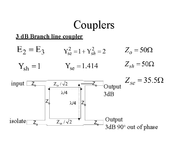 Couplers 3 d. B Branch line coupler input Output 3 d. B isolate Output