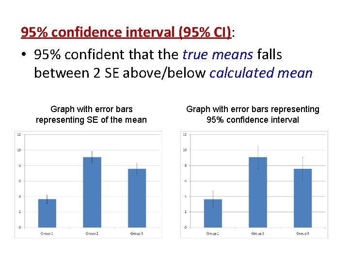 95% confidence interval (95% CI): • 95% confident that the true means falls between 95% confidence interval (95% CI): • 95% confident that the true means falls between