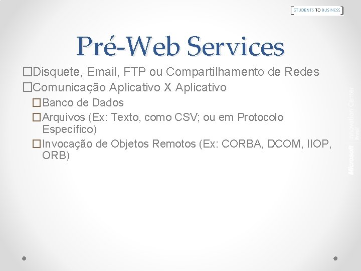 Pré-Web Services �Disquete, Email, FTP ou Compartilhamento de Redes �Comunicação Aplicativo X Aplicativo �Banco