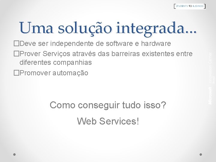 Uma solução integrada. . . �Deve ser independente de software e hardware �Prover Serviços