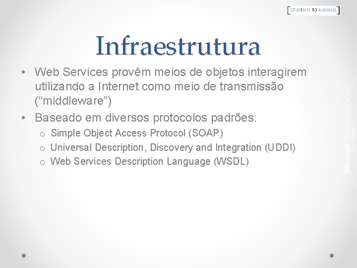 Infraestrutura • Web Services provêm meios de objetos interagirem utilizando a Internet como meio
